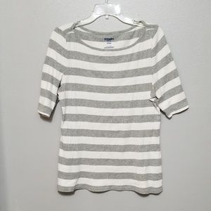 Gray & white striped boat neck elbow length shirt